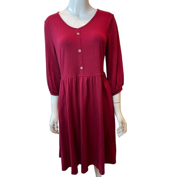 YATHON Women Empire Waist Dress Front Button Balloon Sleeve Maroon Size Large - Picture 2 of 10